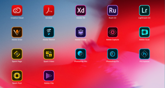 １７個のAdobeモバイルアプリを並べたiPad Proのホーム画面